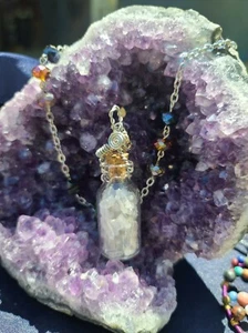 Quartz Points in glass vial Handmade Pendant on steel chain with peridot accents - Picture 1 of 11