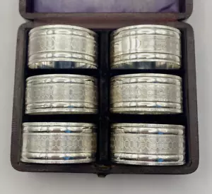 Antique c.1910 Set 6 Silverplated Engine Turned Napkin Rings Velvet Lined Case - Picture 1 of 20