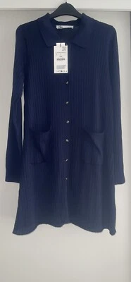 VESTIDO ZARA AZUL MARINO CUELLO MEZCLA LANA CORTO ACANALADO PUNTO TALLA L NUEVO CON ETIQUETAS Foto 1 de 4