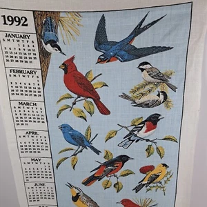 1992 Calendar Towel Songbirds Cardinal Grossbeak Linen 26.25" x 16.25" - Picture 1 of 6