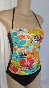 La Blanca Beattie Halter Sz 6 Swimsuit Tropical Floral Brown Padded Orange Pink - Picture 1 of 4
