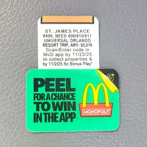 2025 Mcdonald's Monopoly Game Piece St James Place #809 Orange UNREDEEMED CODE - Picture 1 of 1
