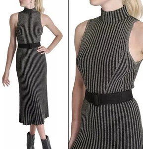 NWT DKNY S Mock Neck Metallic Ribbed Midi Dress Pleated Striped Charcoal Bodycon - Picture 1 of 5