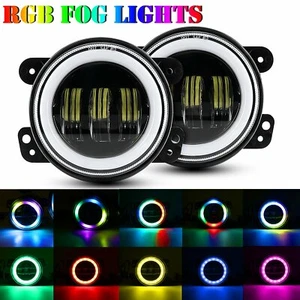Pair 4Inch RGB LED Fog Lights Projector Halo Ring For Jeep Wrangler JK JL JT - Picture 1 of 11