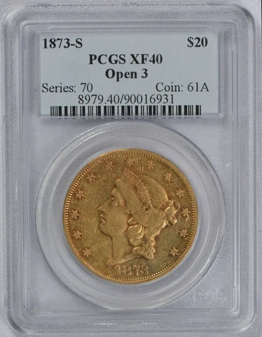 1873-S $20 PCGS XF40 Liberty Double Eagle Gold Coin  Open 3 Cover