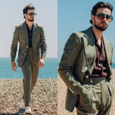 Traje de hombre verde de un solo pecho chaqueta de solapa de pico ancho negocios boda personalizado Foto 1 de 4