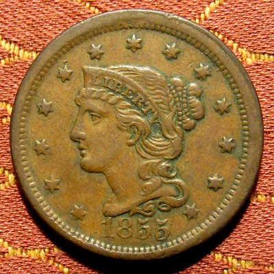 CENTAVO GRANDE CABELLO TRENZADO 1855, VERTICAL 5's, XF/AU ~ ¡HERMOSO EJEMPLO ORIGINAL! Foto 1 de 4
