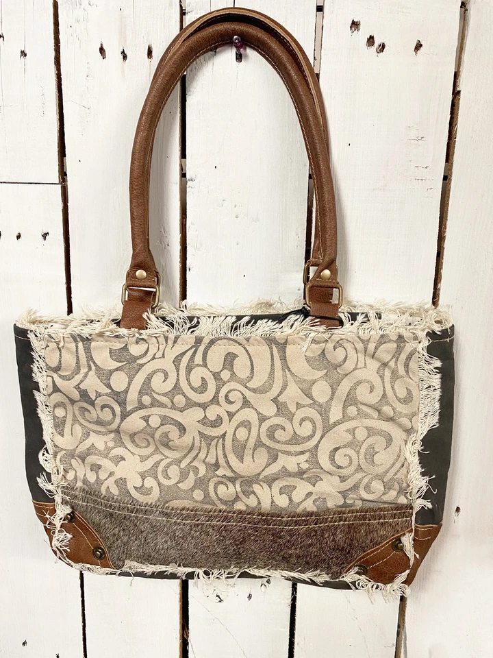 Myra Bag Small Bag Leaf Print Cotton Fabric Lined Zip Top Gray Cream S 1151