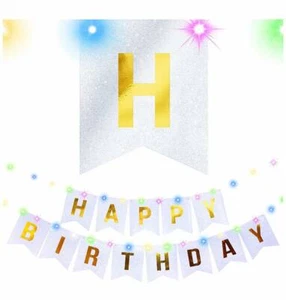 Happy Birthday Banner silver and gold with led lights 7.5" new - Picture 1 of 7