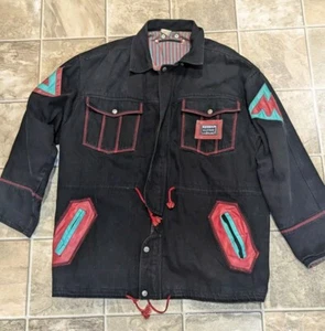 Vintage Major Damage Black Denim Color Block Hip Hop Jacket 90s Y2K Men’s XL - Picture 1 of 14