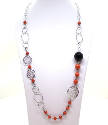 Collana in Argento 925 con sfere di Corallo e Onice - Immagine 1 di 4