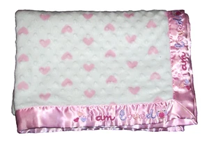Just Born I Am Loved Baby Blanket Pink Hearts Owl Minky Dot Satin Trim Lovey - Picture 1 of 2