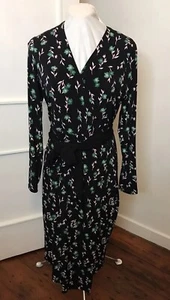 M&S Collection Black Pink Green Floral Mock Wrap Lined Dress Size 14 Reg NWT - Picture 1 of 14