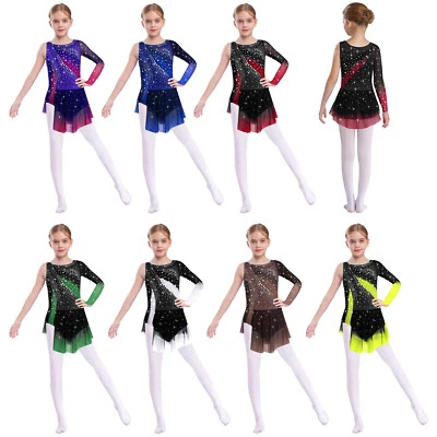 Kids Girls Bodysuit Rhinestone Leotard Split Dress Modern Unitard Round Neck - Image 1 of 3