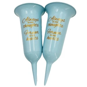 Set of 2 Baby Blue and Gold Forever in Our Hearts Fluted Spiked Memorial Vases - Picture 1 of 7