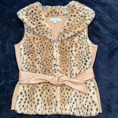 Womens XS Faux Fur Animal Print Vest Faux Leather Belt Trim Y2K Boho Glam Cozy - Image 1 of 4