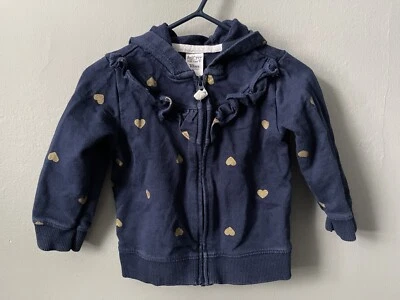 Carters Baby Girls Gold Heart Print Ruffle Full Zip-Up Hooded Jacket Navy 18 M - Image 1 of 4