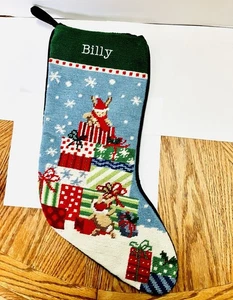 Lands’ End Needlepoint Christmas Stocking Billy Monogram Wool Velvet Back 18in - Picture 1 of 6