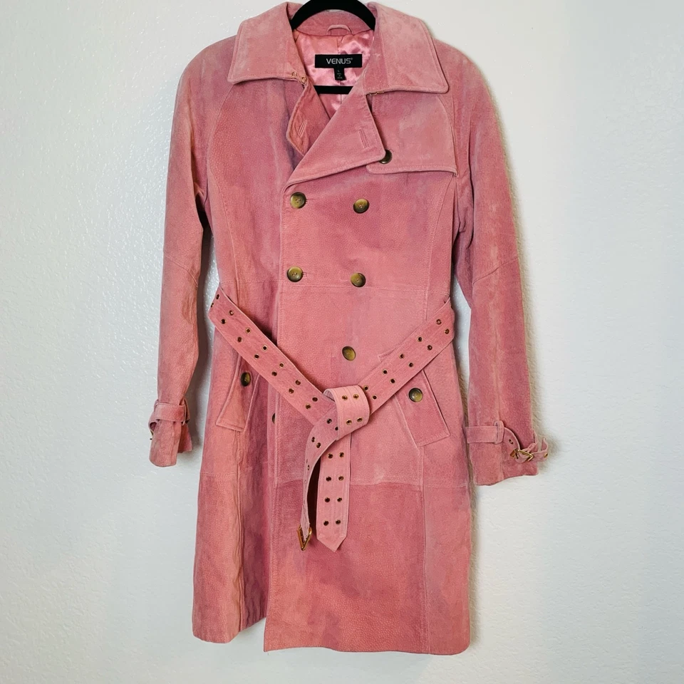 Trench coat vintage Y2K Vênus camurça rosa grande Barbie anos 90 esposa máfia dinheiro antigo - Imagem 1 de 4