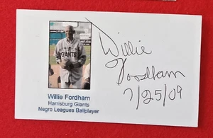 3 x 5  card  Willie Fordham 1927-2010 Negro Leagues Pitcher Signed 7/25/09 - Picture 1 of 2