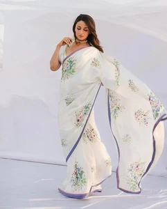 Alia's Mujer Raso Suave Estampado Flor Sari Con Blusa Pieza Blanco - Imagen 1 de 4