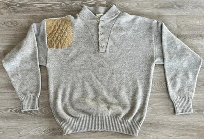 LL Bean Sweater Men's Large Tall Gray Henley Suede Shoulder High Trek Yarn VTG - Image 1 of 3