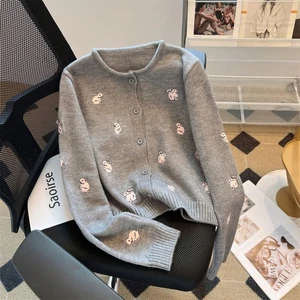 French Rabbit Embroidery Knitted Cardigan Women's New Korean Sweater Coat - Picture 1 of 19