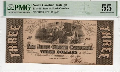 NC CR-125 1863 $3 North Carolina Paper Money - PMG About Uncirculated 55 - Image 1 of 2