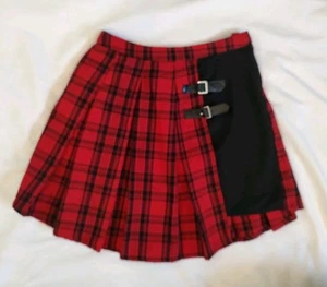 Hot Topic Skirt Retro Goth Grunge Red Plaid with Black Inset Asymmetrical Hem S - Picture 1 of 5