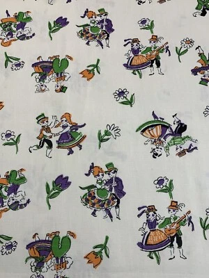 Vintage Dutch Dancing Fabric Cotton Canvas Duck People Orange Purple Green 1+ Yd - Image 1 of 4