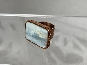 Rectangle Aquamarine Statement Ring Copper Etched & Signed Size 5.5-5.75 - Picture 1 of 5
