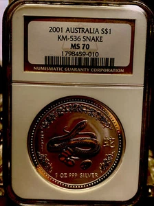 2001 Australia Year of Snake Silver $1 NGC MS70 Series One Low Pop - Picture 1 of 4