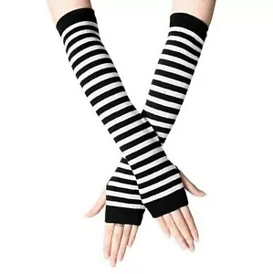 Fingerless Thumb Gloves Arm Warmers Striped Ladies Women Mitten Black and White - Picture 1 of 12