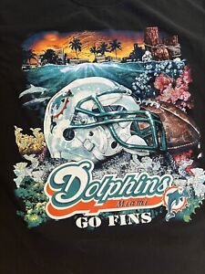 Vintage Late 90s Miami Dolphins Graphic T Shirt XL NFL Go Fins Beach Scene RARE