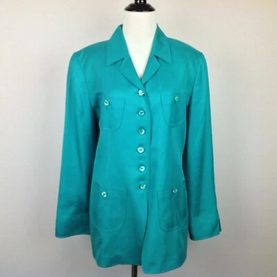 Chaqueta Blazer Larga Dana Buchman Mujer Pequeña Seda Verde Azulado   Foto 1 de 4