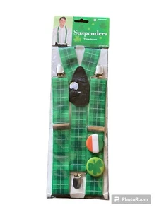 Erwachsene IRISCH KARIERT Kostüm HOSENTRÄGER mit PINBACK KNÖPFEN OS NEU St Patrick's  - Bild 1 von 2