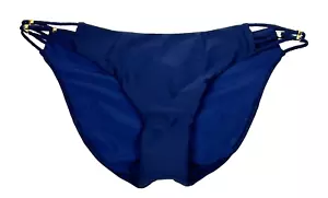 PilyQ PQ Nat Braided Full Blue Ruched Swim Bikini Bottom Gold Beads Size S NWT - Picture 1 of 10