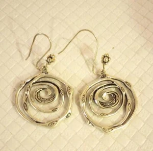 Artistic Silver Tone Swirl Spiral Earrings Peacock Feather Inspiration Boho Chic - Picture 1 of 2