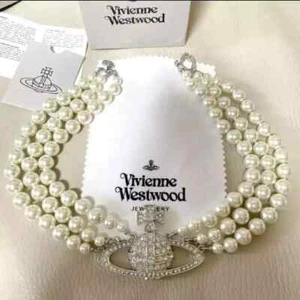 Vivienne Westwood Silver Tone Triple Bas Relief Pearl Orb Choker Necklace Set - Picture 1 of 17