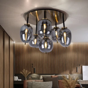 Lampada da Soggiorno Soffitto Luce Metallo Ottone Vetro Fumé 6x E27 D - Foto 1 di 12