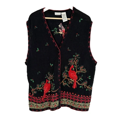 Beaded Embroidered Sweater Vest Size 22W 24W Cardinal Bird Winter White Stag - Image 1 of 4