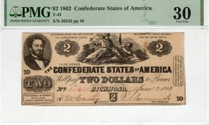 T-42 PF-5 1862 $2 Confederate Paper Money - PMG Very Fine 30 - Picture 1 of 2