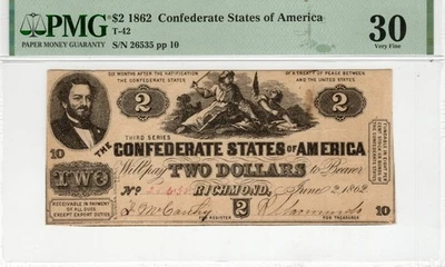 T-42 PF-5 1862 $2 Confederate Paper Money - PMG Very Fine 30 - Image 1 of 2