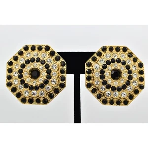 Big Vintage Clip On Earrings Gold Black White Crystal Chunky Heavy 1980s BinBF - Picture 1 of 12