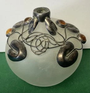 Superb Frosted Glass Bottle Vase Art Nouveau Style Silver Detail Amber Cabochons - Picture 1 of 15