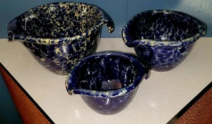 Set Of 3 Sized Bennington Potters Blue Agate Pour Spout Bowls Vintage - Picture 1 of 16