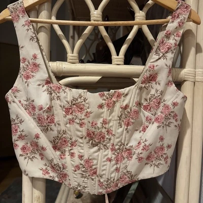 Windsor Women’s Medium Lace-Up Corset Bustier Top Beige With Pink Roses Floral ￼ - Image 1 of 4