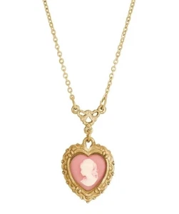 1928 Jewelry Soft Pink Heart Shaoed Cameo Pendant Necklace 16" Lobster Clasp - Picture 1 of 8