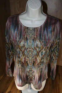 One World Classy Long Sleeve Rhinestone Tribal Top Boho Festival Size PS EUC - Picture 1 of 8