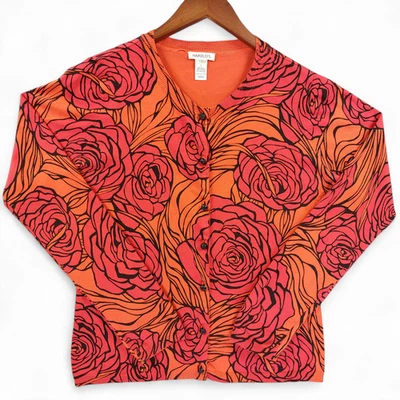Harold's Sweater Womens Sz L Orange Red Floral Silk Blend Button Up Cardigan - Image 1 of 4